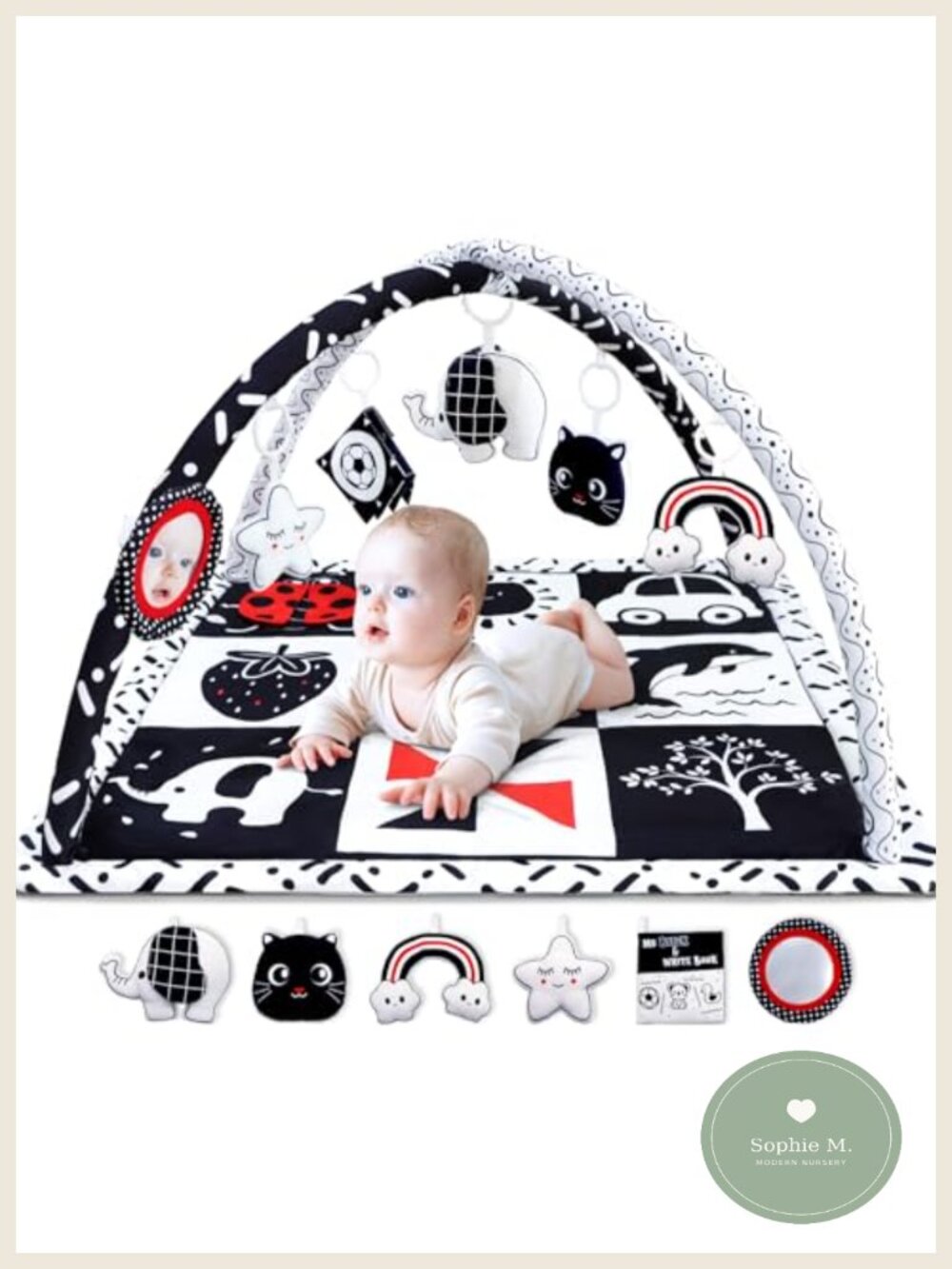 High Contrast Baby Gym Play Mat 6 Detachable Sensory Toys Tummy Time